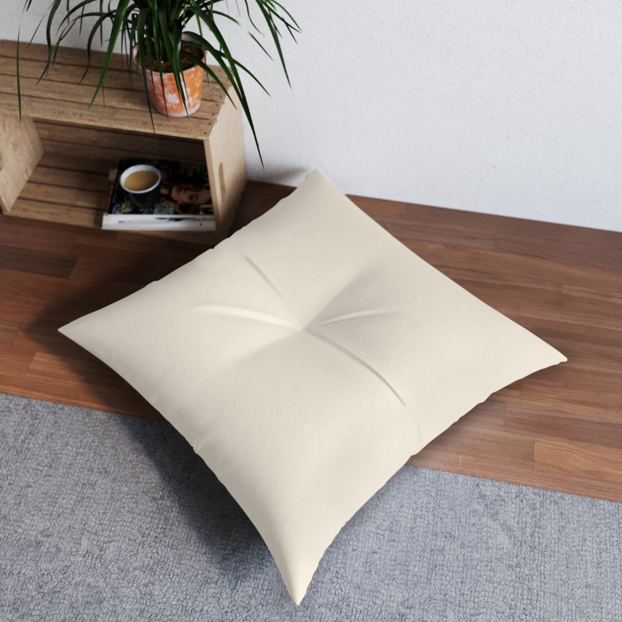 Coussin de sol touffeté dans intérieur moderne avec plante — idée déco salon cosy, décoration maison bohème, dco maison zen, idée aménagement salon