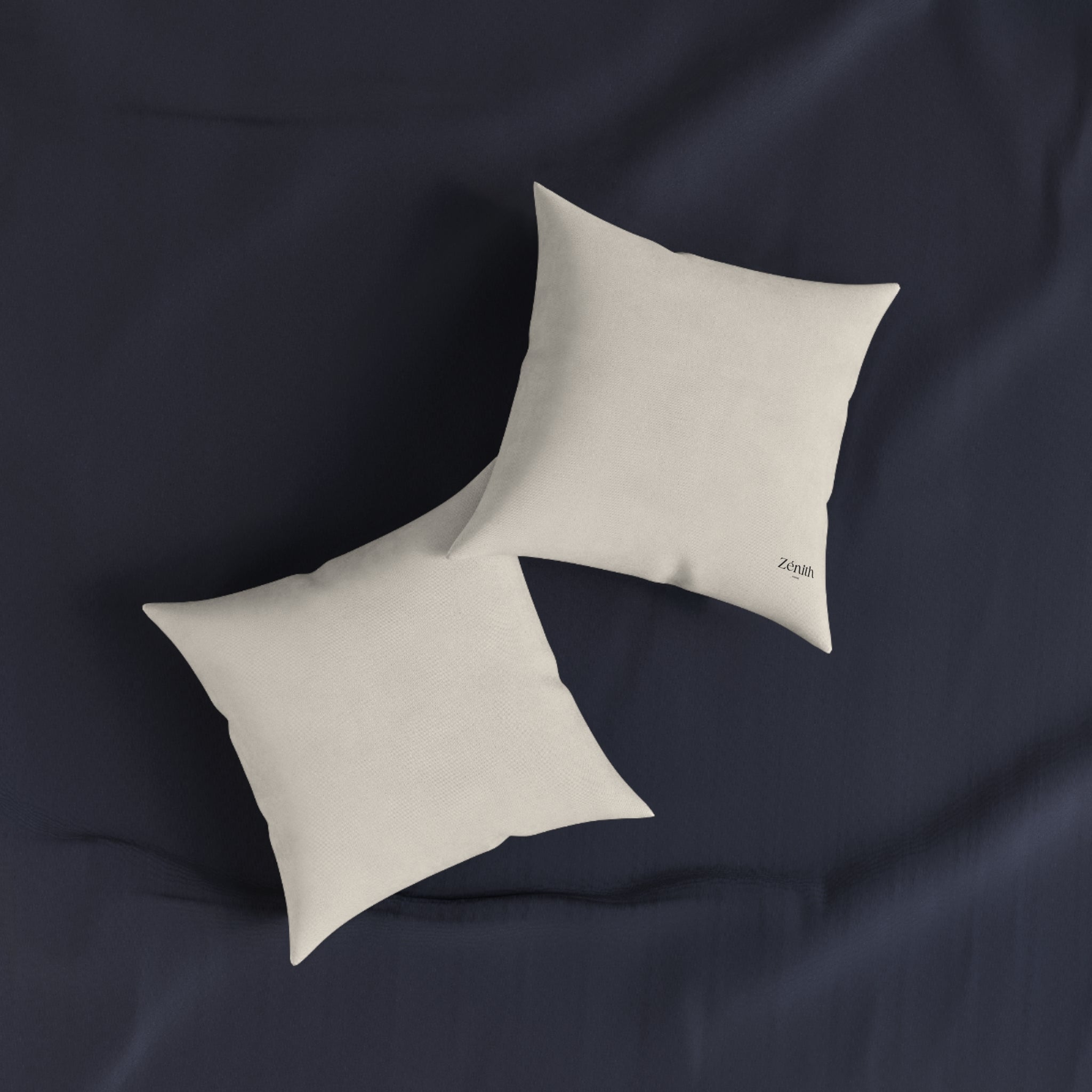 Deux coussins carrés beige texturés sur fond bleu marine — décoration maison moderne, idée déco salon élégant, coussin design intérieur, dco murale salon moderne