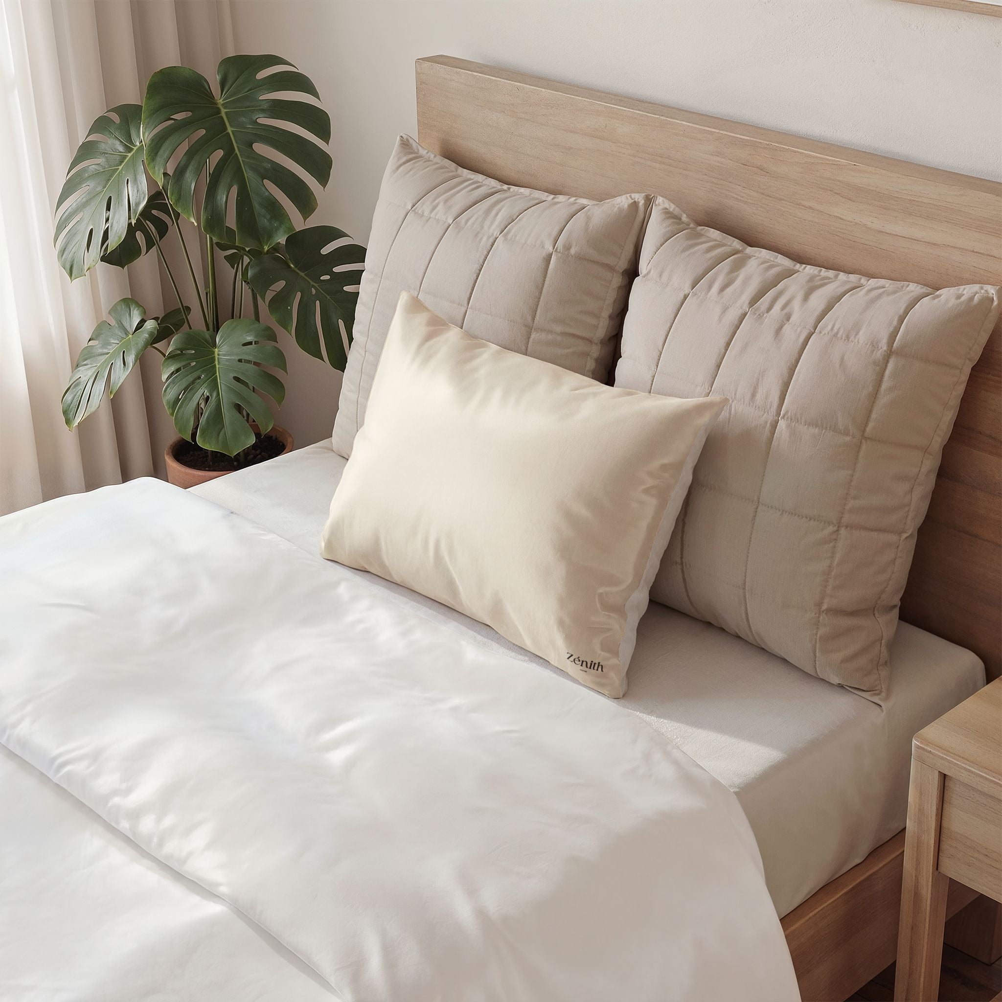Housse de coussin coton beige sur lit chambre moderne avec plante — idée déco chambre adulte cosy, décoration maison scandinave, tête de lit déco, dco chambre zen