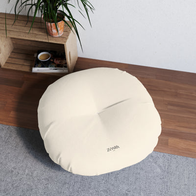 Coussin de sol rond touffeté dans salon avec plante — idée déco salon cosy, décoration maison bohème, dco maison zen, idée aménagement salon moderne