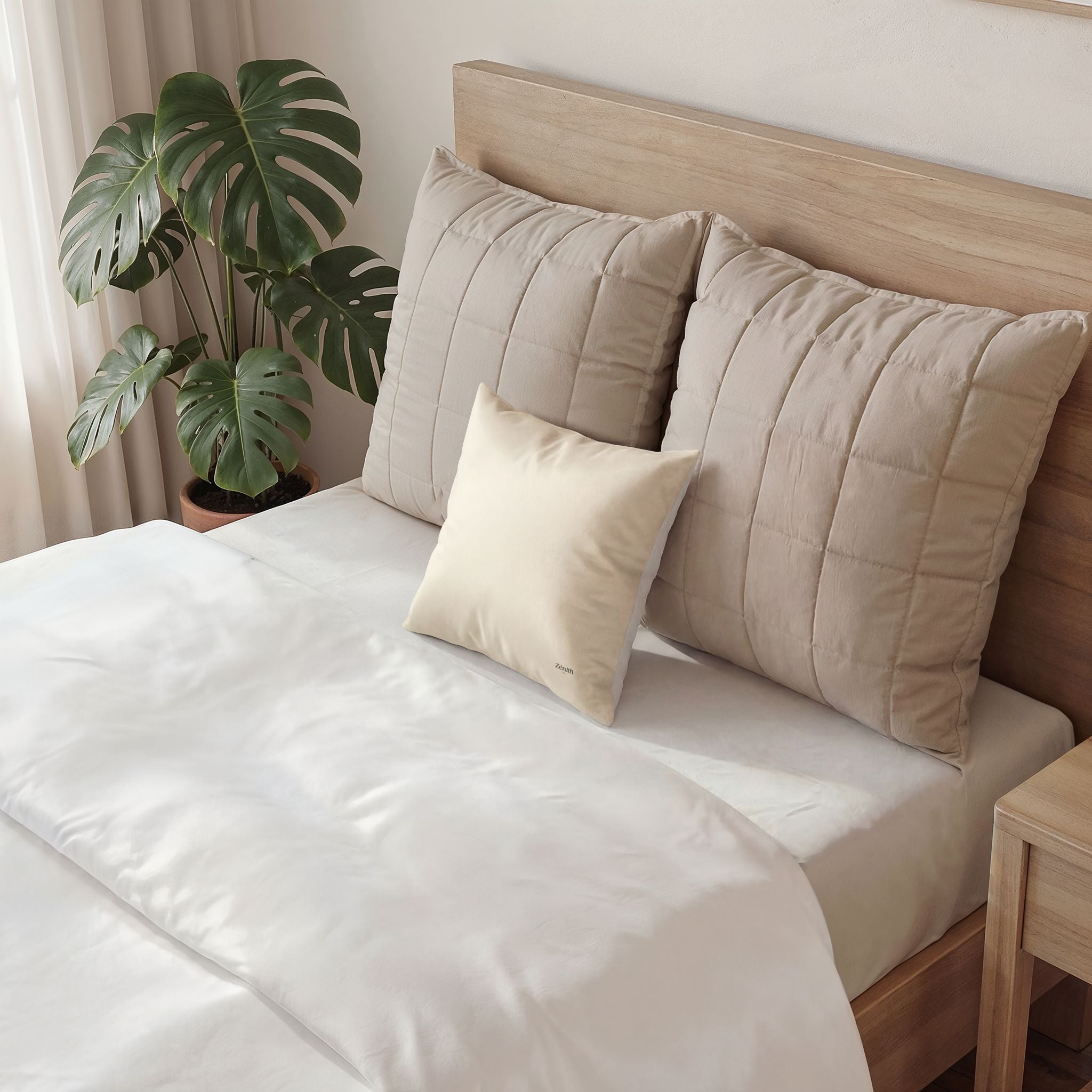 Coussins velours beige sur lit chambre moderne avec plante — idée déco chambre adulte cosy, décoration chambre minimaliste, dco maison scandinave, tendance déco 2025
